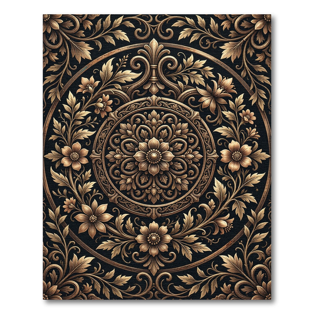 Ornate Bronze Floral Medallion Scrollwork Rug