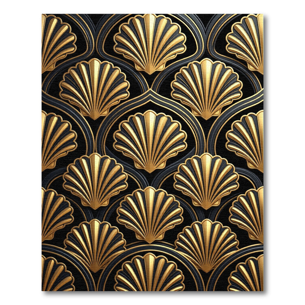 Art Deco Gold Shell Geometric Black Rug