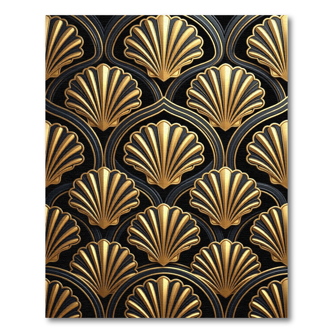 Art Deco Gold Shell Geometric Black Rug