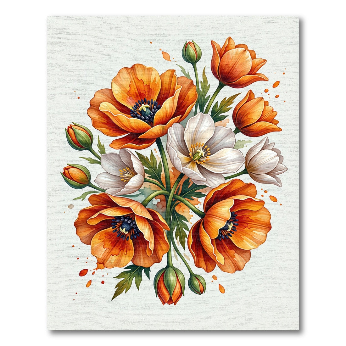Vibrant Orange White Poppy Bouquet Rug