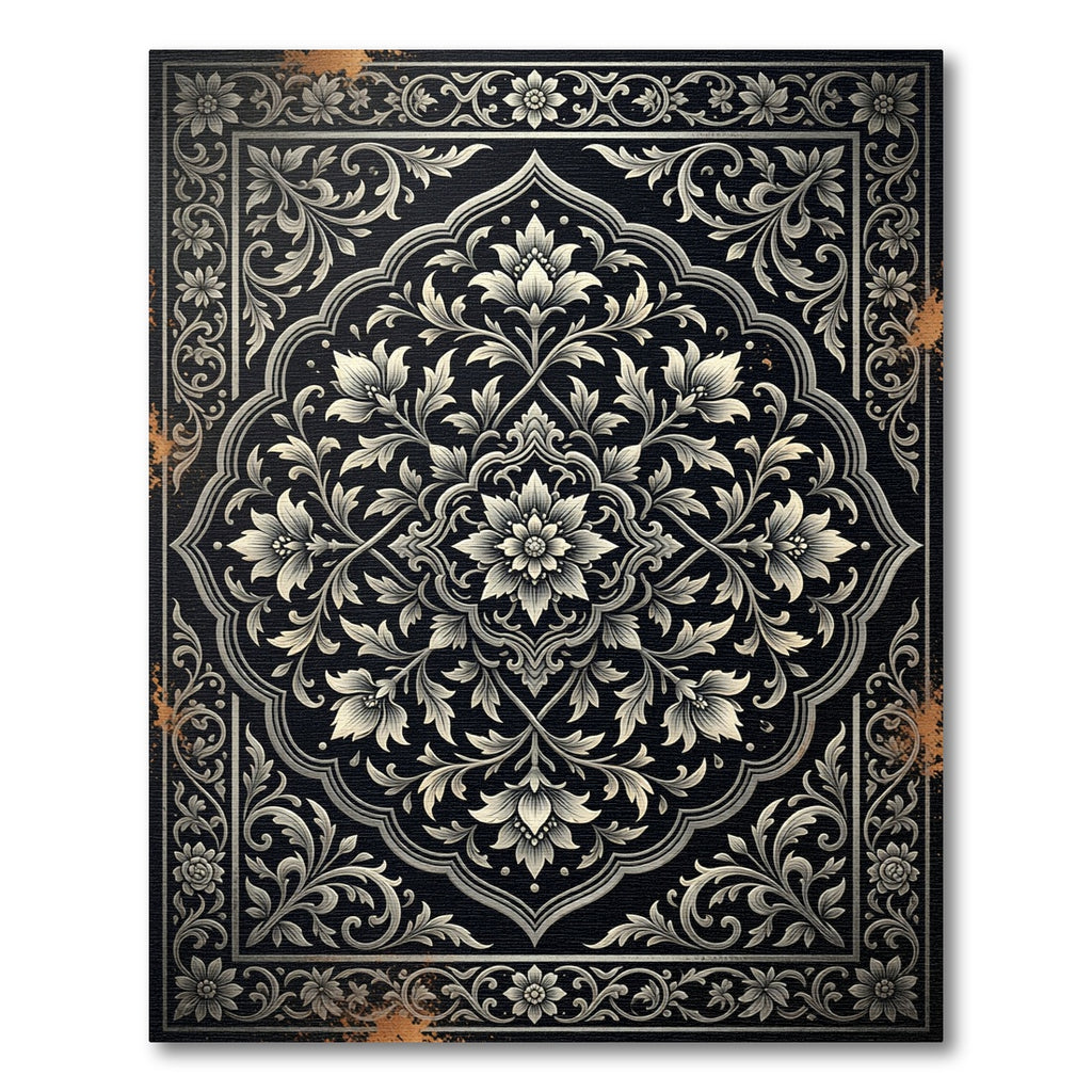 Monochromatic Black Floral Laurel Frame Rug