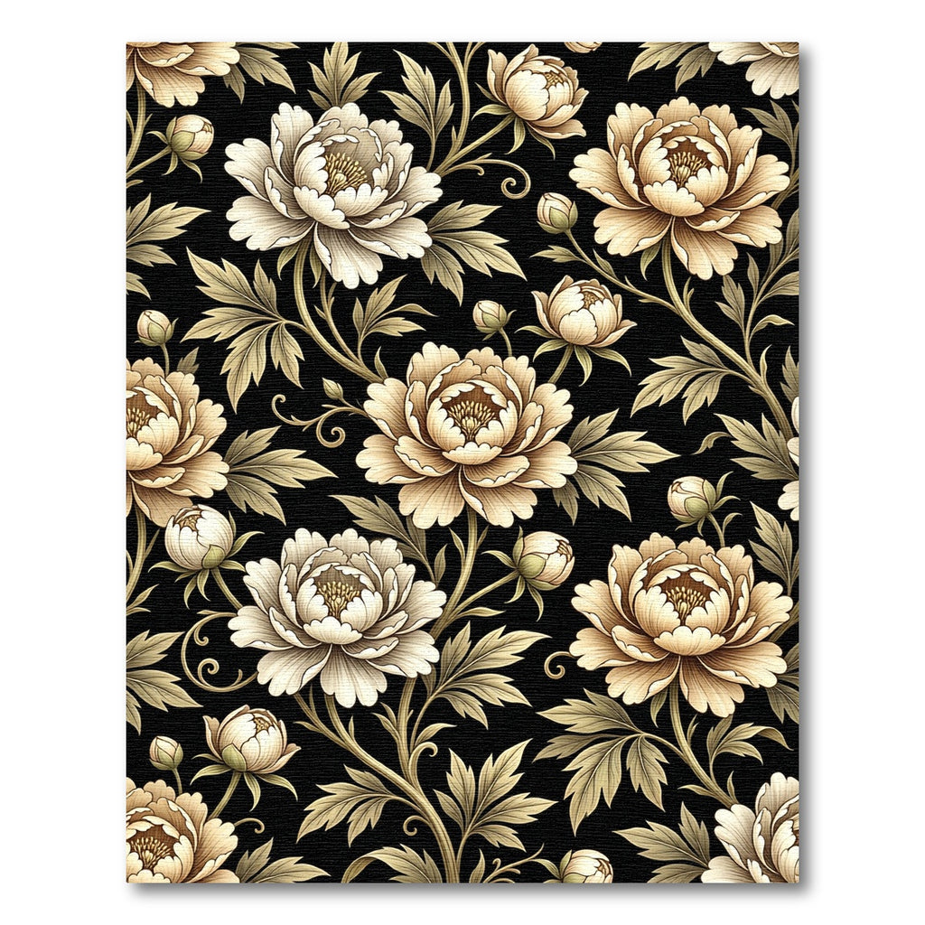 Vintage Cream Peony Floral Black Rug