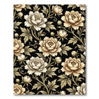 Vintage Cream Peony Floral Black Rug