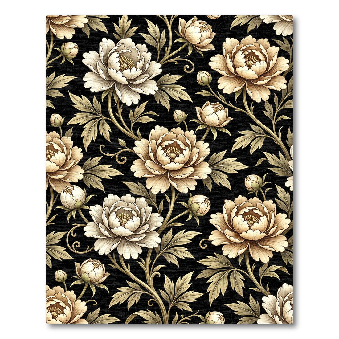 Vintage Cream Peony Floral Black Rug