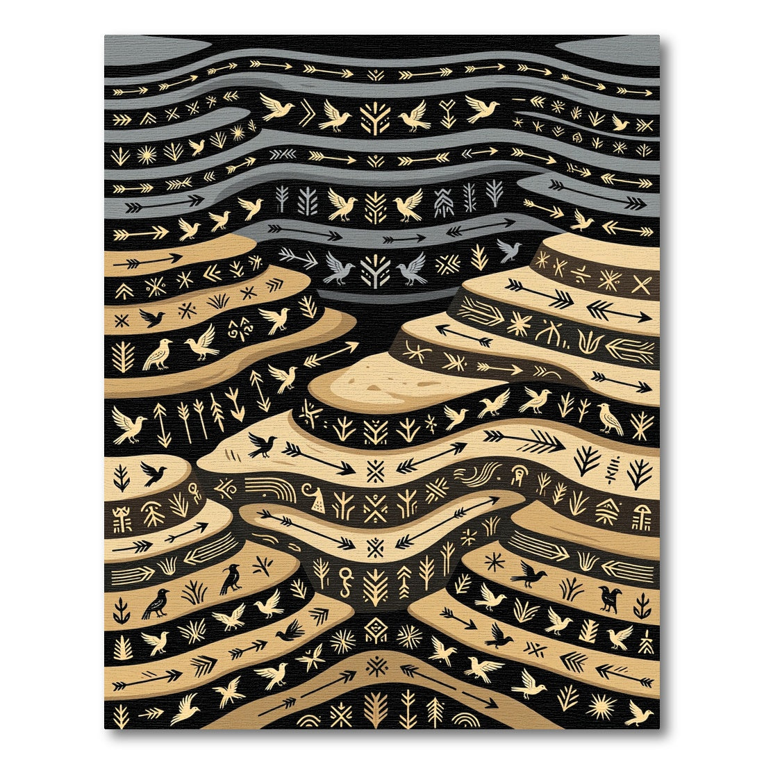 Tribal Golden Bird Arrow Composition Rug