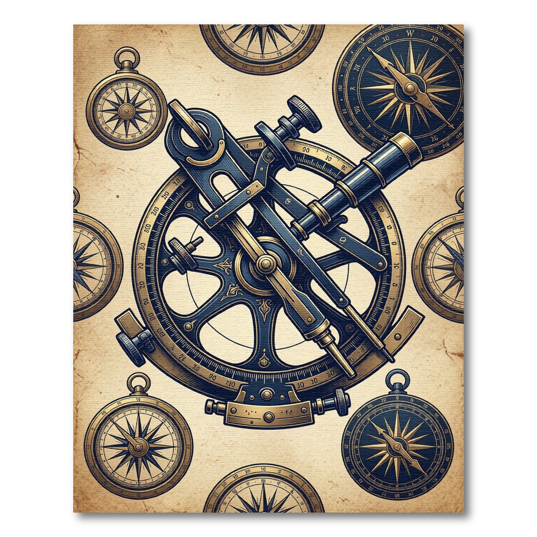 Nautical Sextant and Compass Marine Art Rug