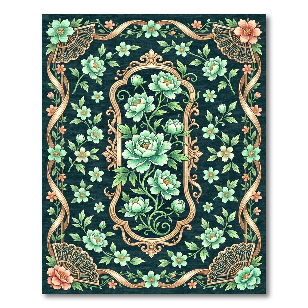 Emerald Garden Floral Ribbon Frame Rug