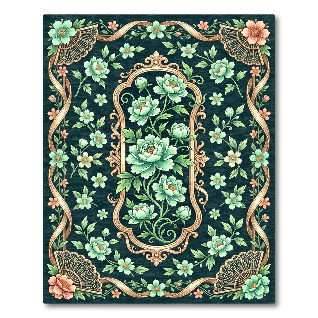 Emerald Garden Floral Ribbon Frame Rug