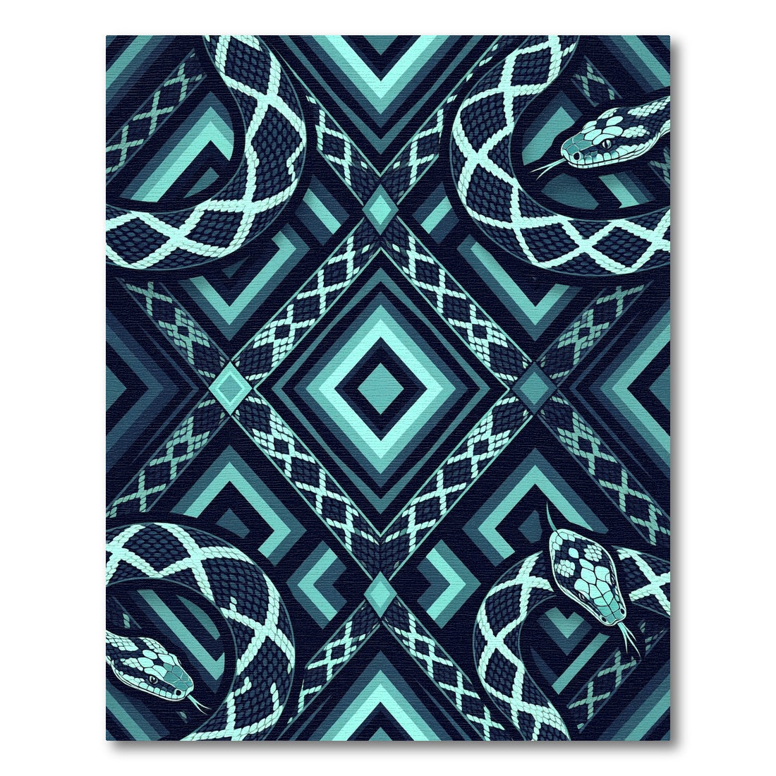 Geometric Serpent Teal Diamond Border Rug