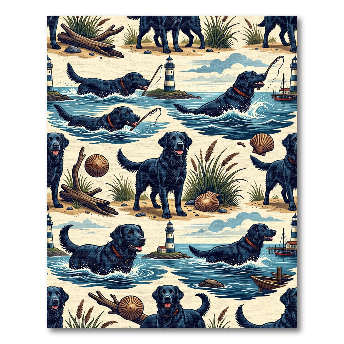 Coastal Black Retriever Lighthouse Scene Rug