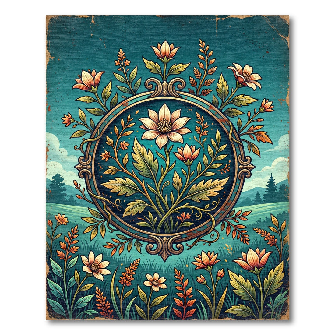 Vintage Floral Medallion Cyan Garden Rug