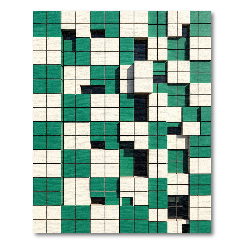 Green and White Cubist Grid Rug