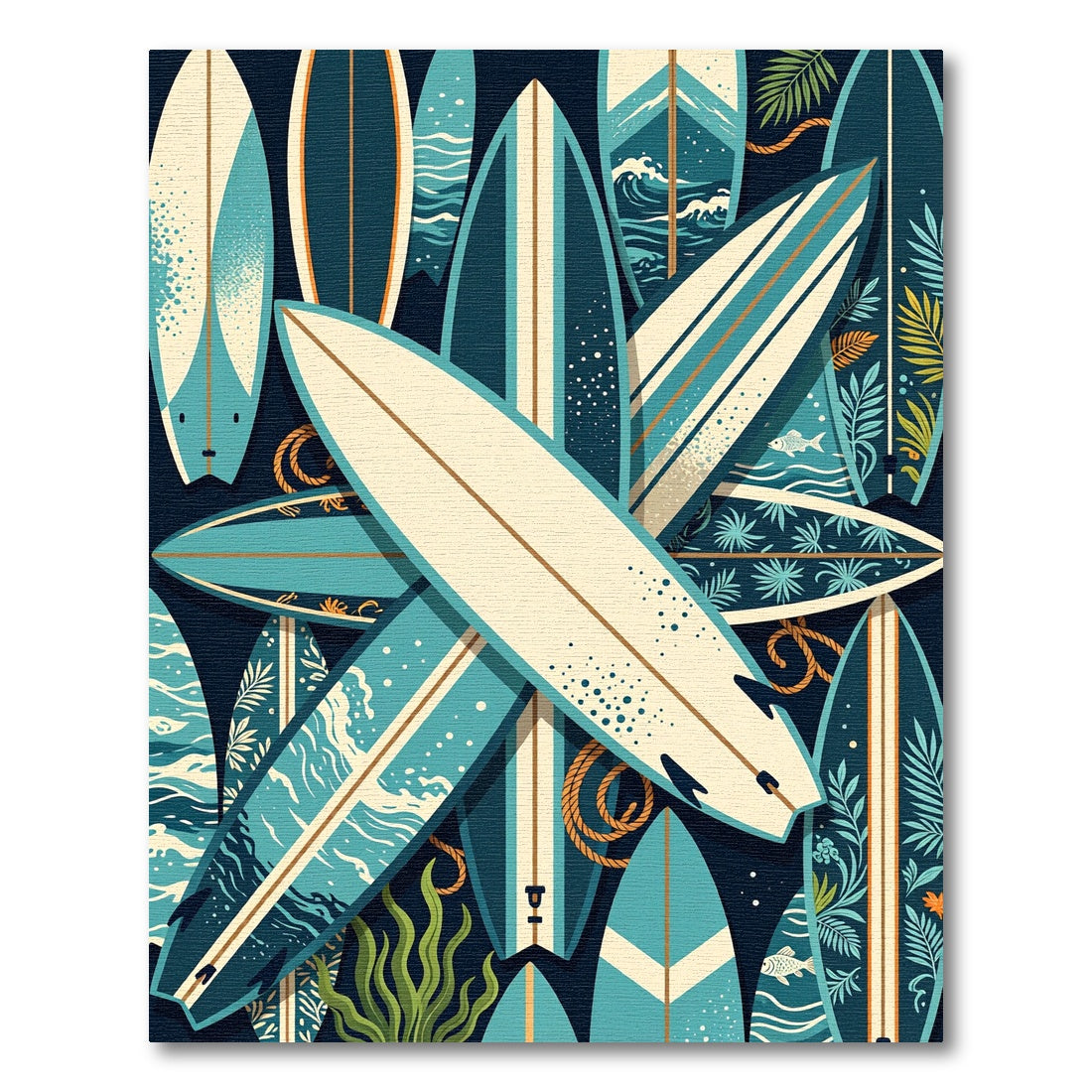 Tropical Surfboard Wave Coastal Collage Rug