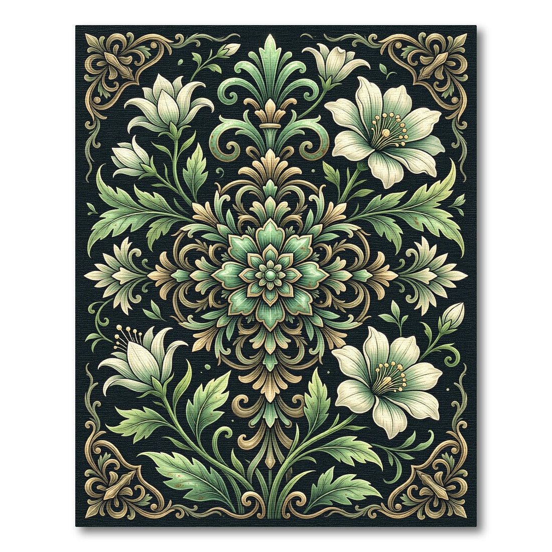 Elegant Sage and Gold Floral Medallion Rug