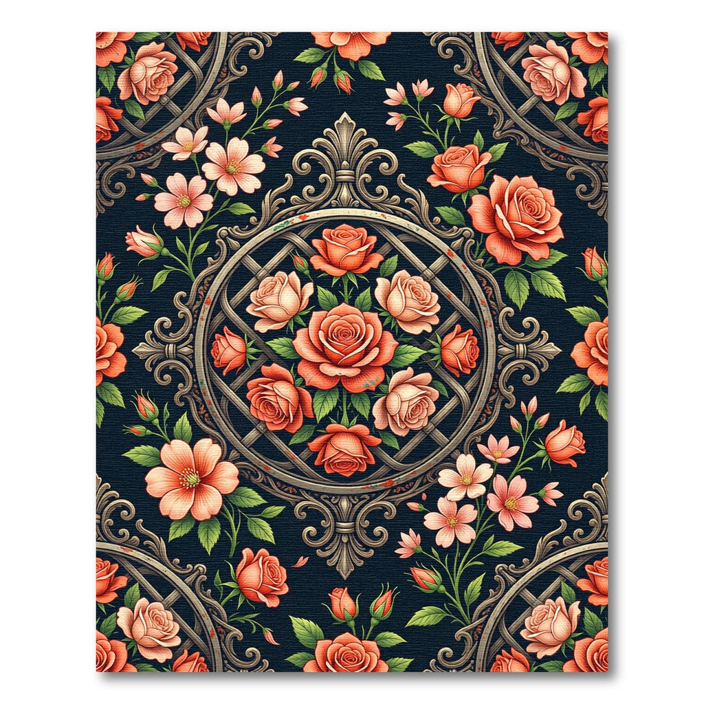 Elegant Coral Rose Trellis Medallion Rug