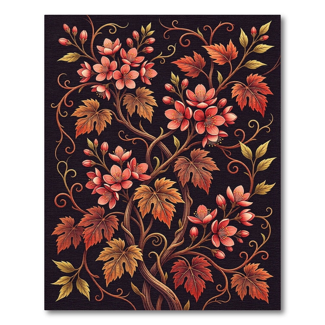 Autumn Blossom Floral Vine Noir Rug