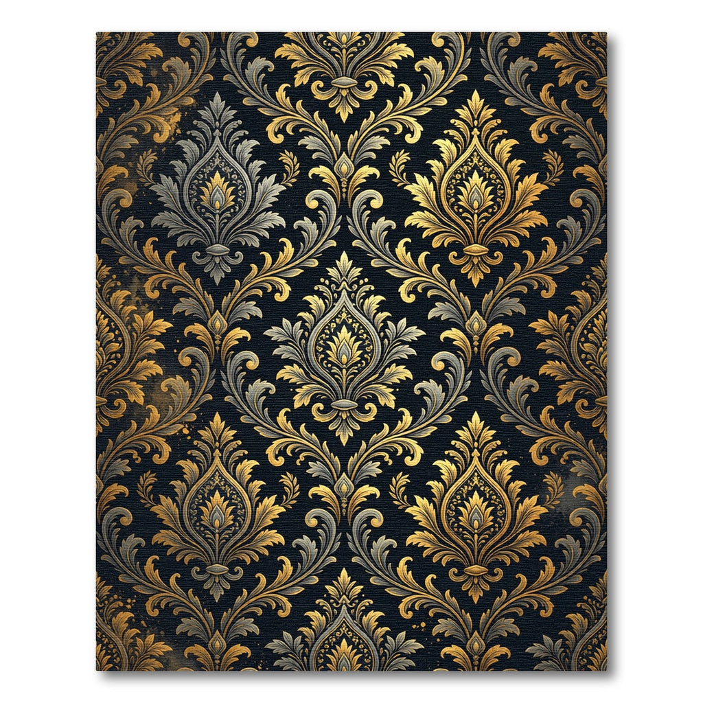 Opulent Gold and Charcoal Damask Scroll Rug