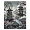 Serene Pagoda Landscape Cherry Blossom Rug