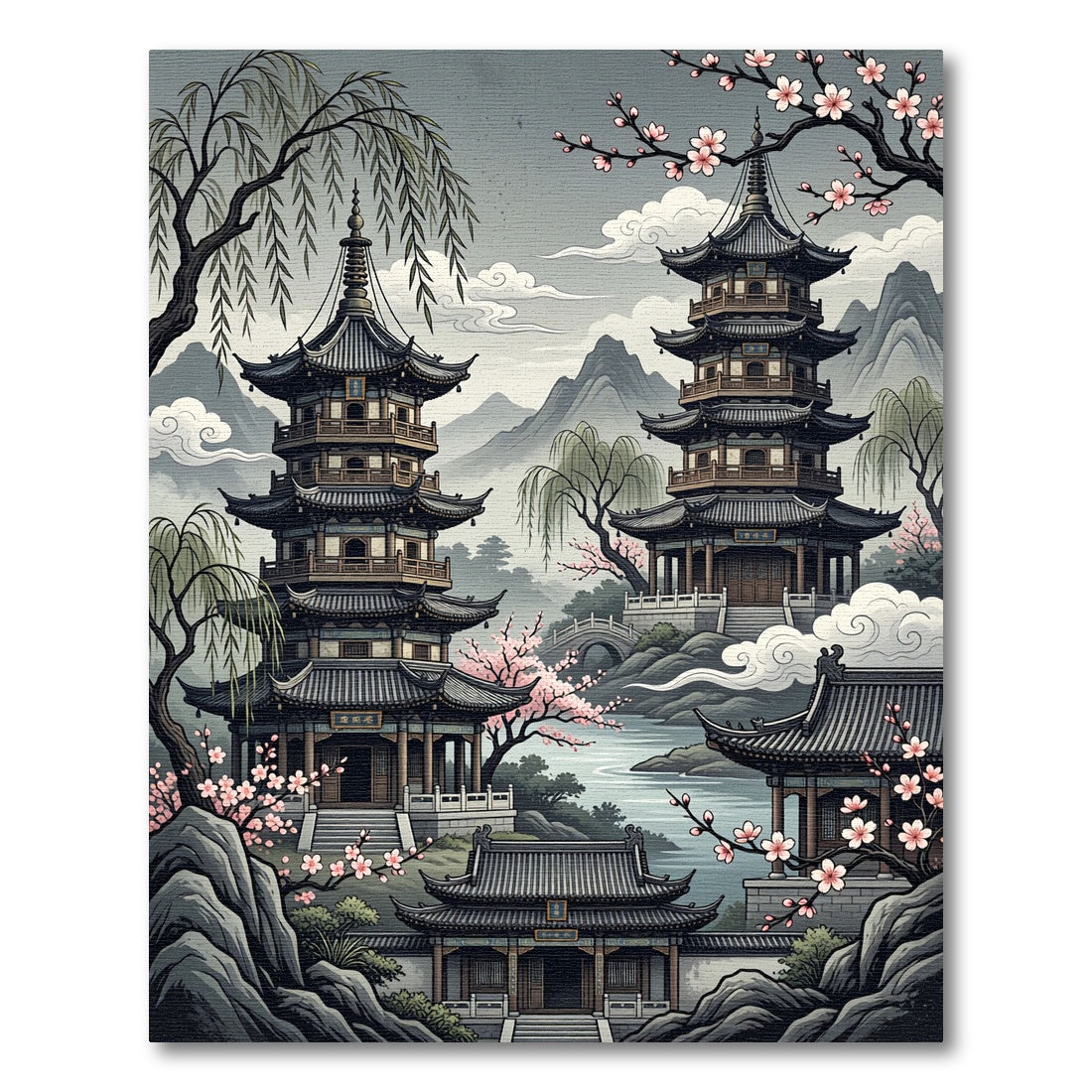Serene Pagoda Landscape Cherry Blossom Rug