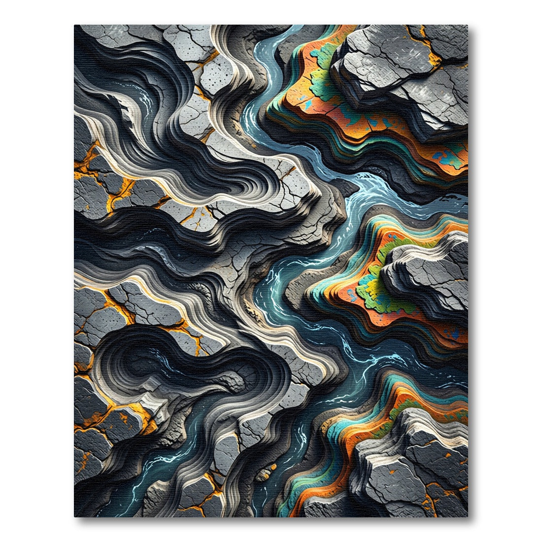 Abstract River Tectonic Layered Stone Rug