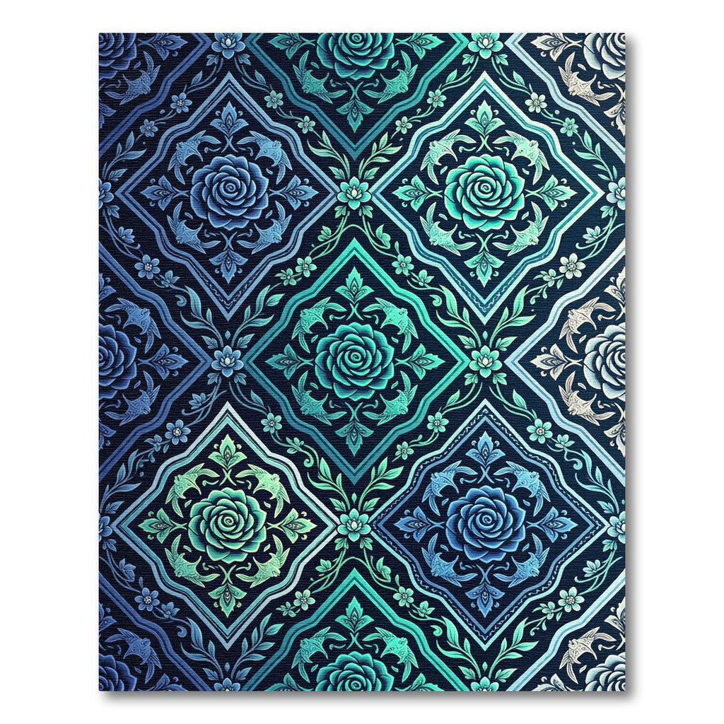 Faceted Blue Teal Rose Scrollwork Rug