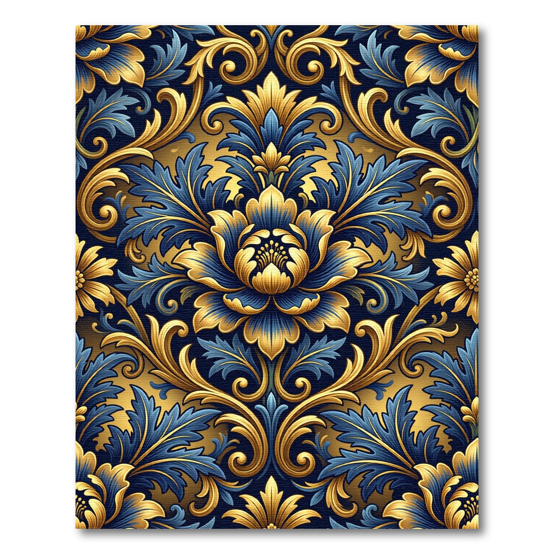 Ornate Golden Floral Damask Navy Rug