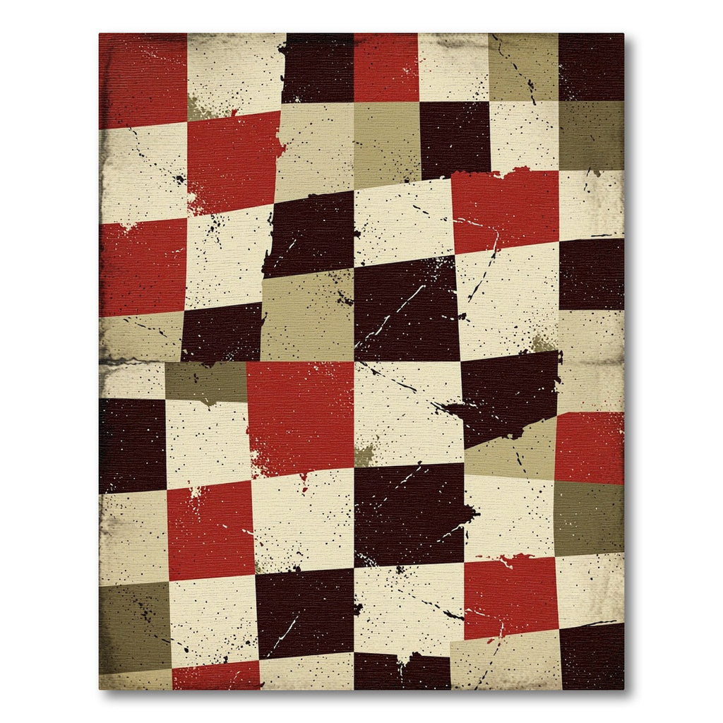 Distressed Checkered Crimson and Earthy Tile Rug