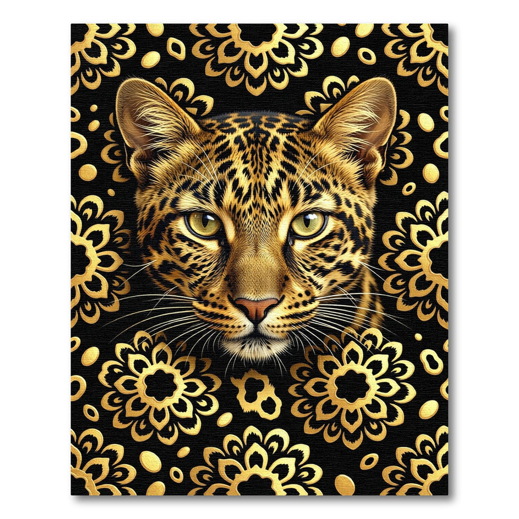 Golden Leopard Black Floral Medallion Rug