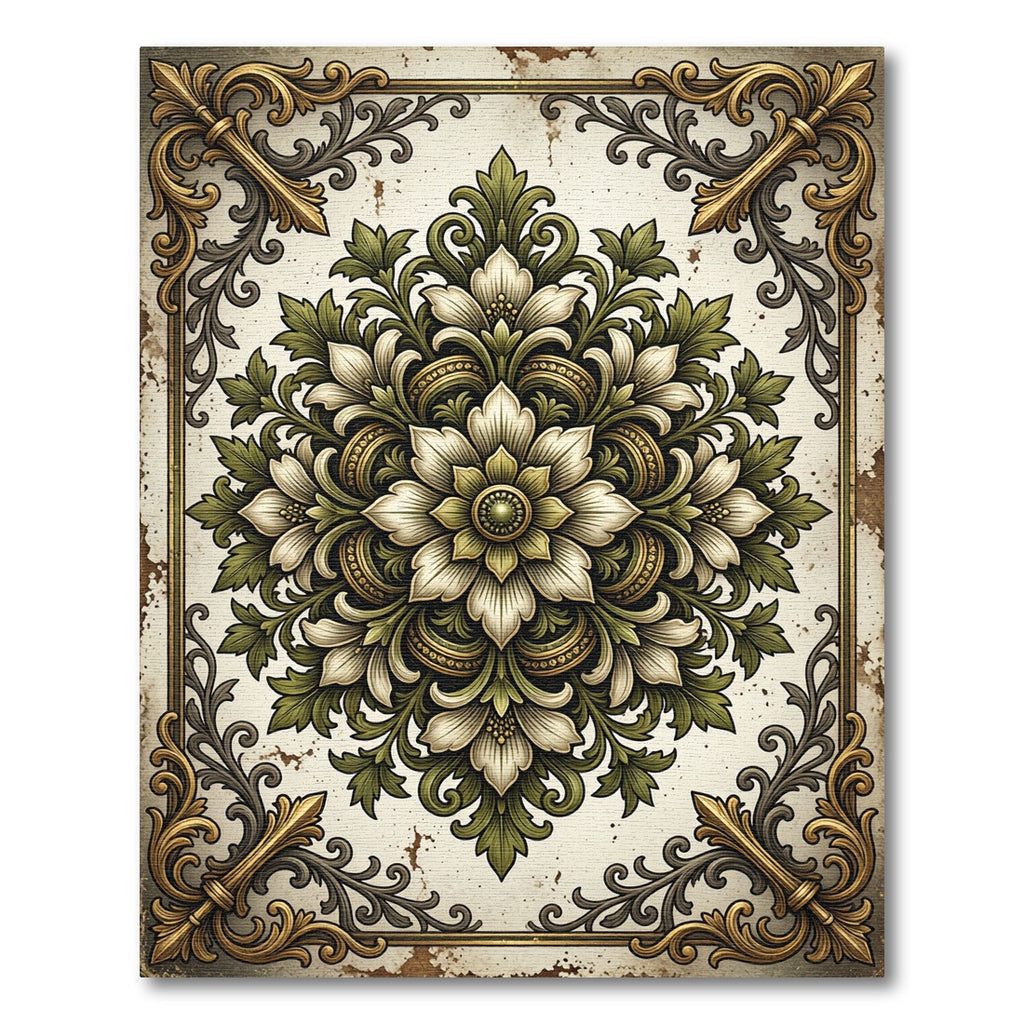 Ornate Sage Green Ivory Floral Medallion Rug