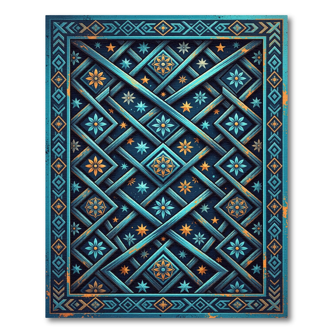 Ornate Teal Celestial Lattice Area Rug