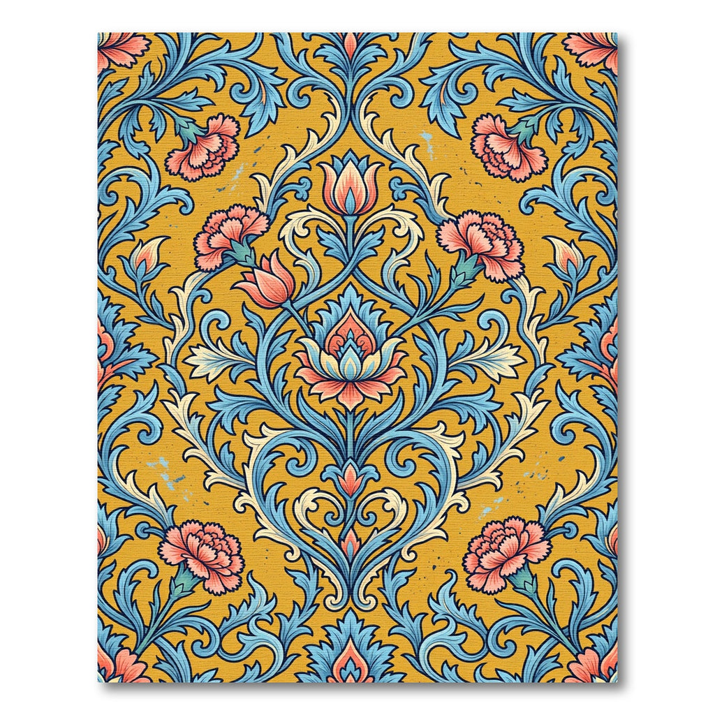Golden Ochre Carnation Damask Floral Scroll Rug