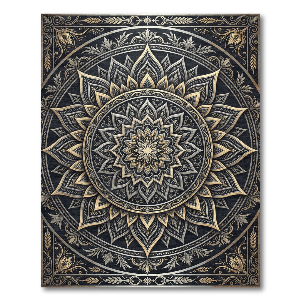 Ornate Gold and Charcoal Floral Mandala Rug