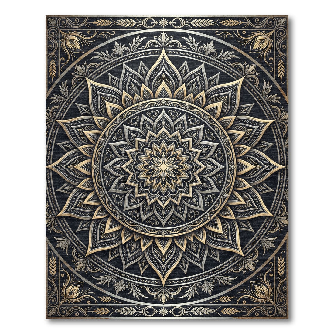 Ornate Gold and Charcoal Floral Mandala Rug