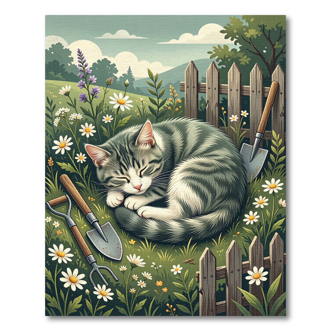 Whimsical Garden Cat Sleeping Among Daisies Rug