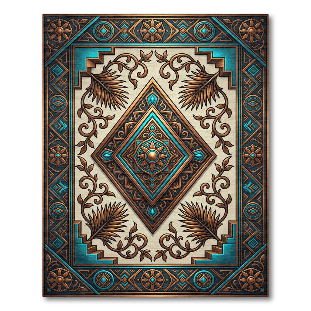 Ornate Teal Copper Geometric Diamond Rug