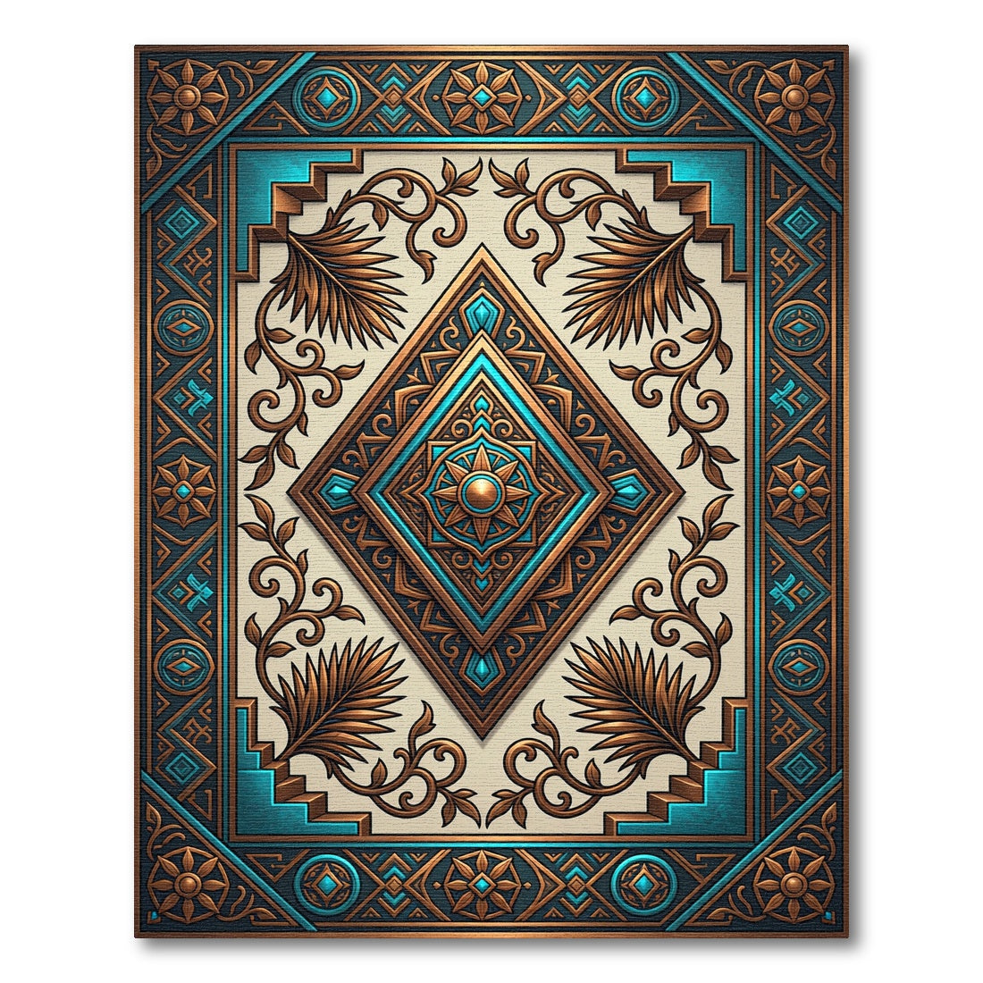 Ornate Teal Copper Geometric Diamond Rug