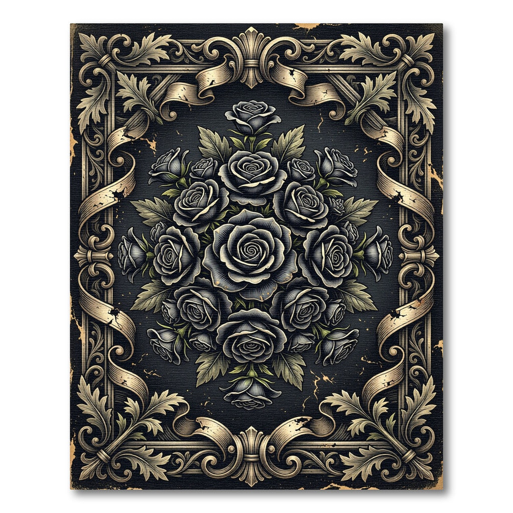Gothic Charcoal Floral Rose Medallion Rug