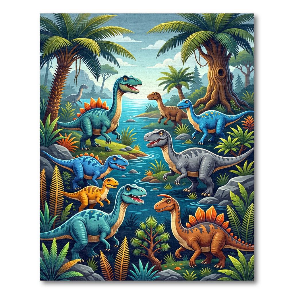 Vibrant Prehistoric Dinosaur Jungle Scene Rug
