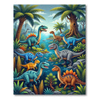 Vibrant Prehistoric Dinosaur Jungle Scene Rug