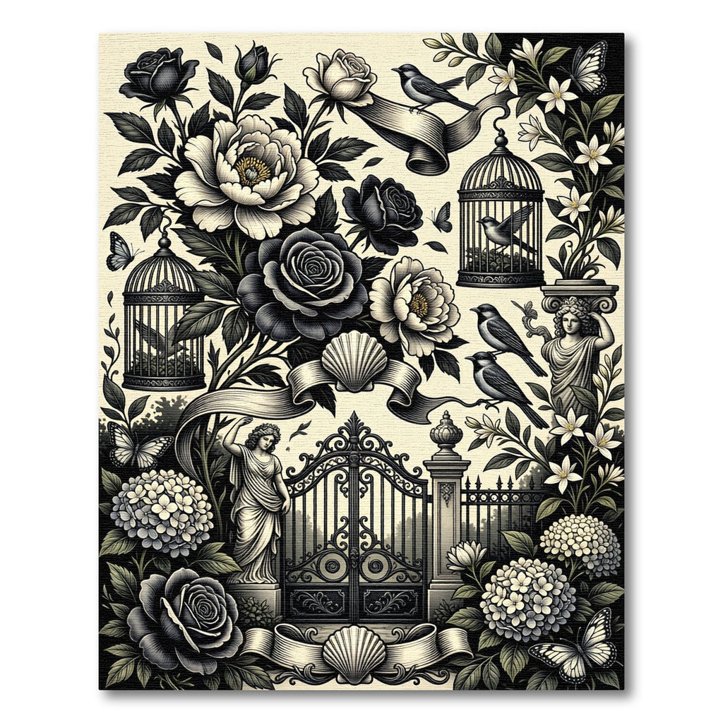 Ornate Black White Floral Gate Scenes Rug