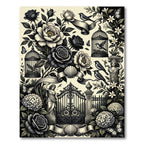 Ornate Black White Floral Gate Scenes Rug