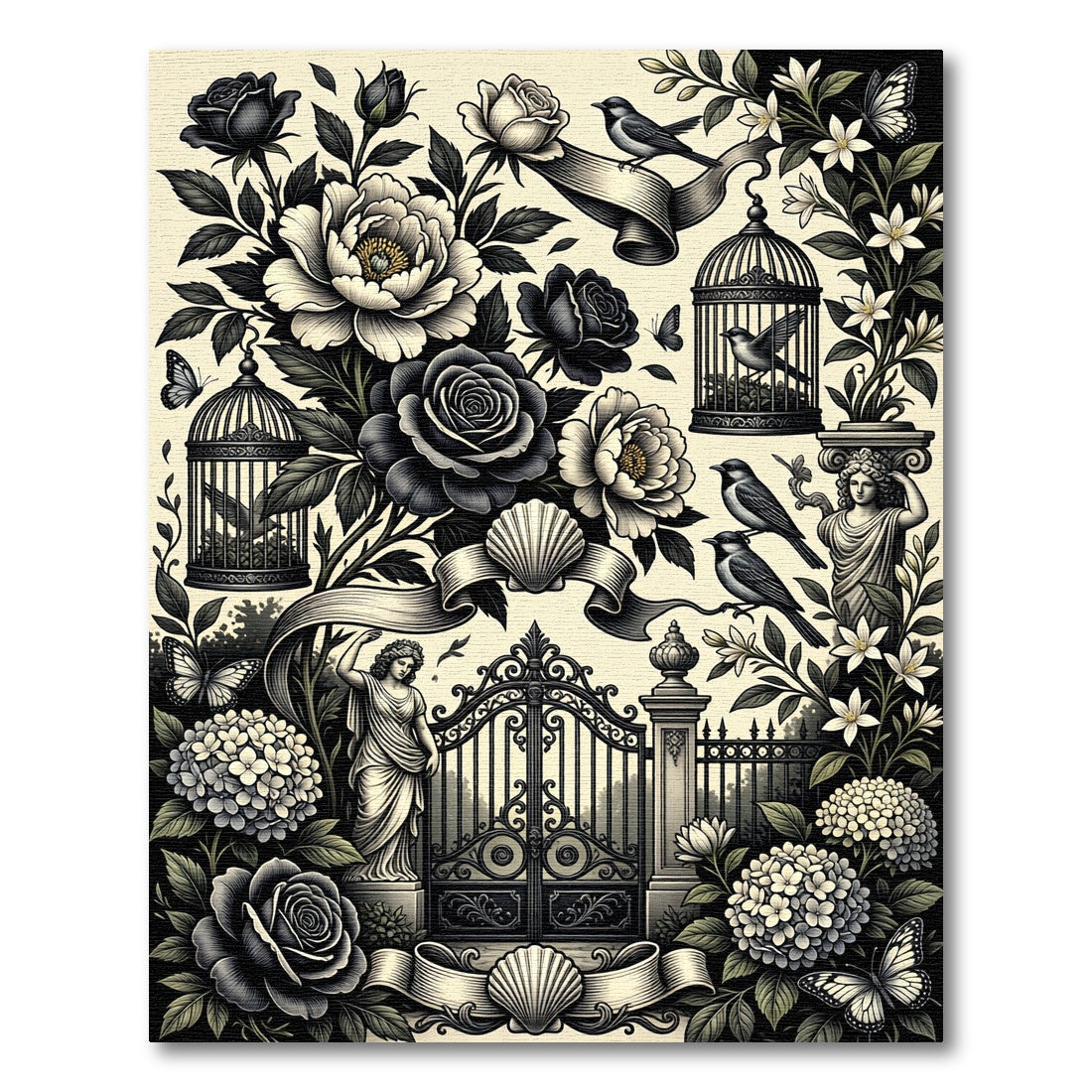 Ornate Black White Floral Gate Scenes Rug