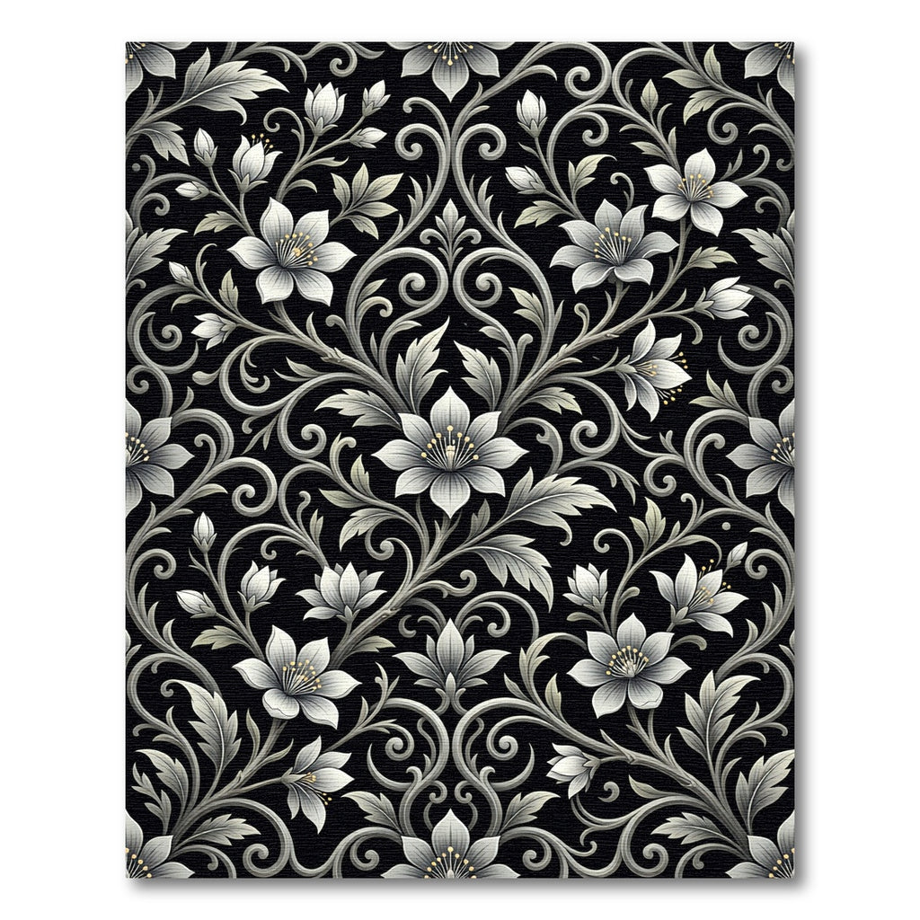 Elegant Black White Floral Scroll Rug