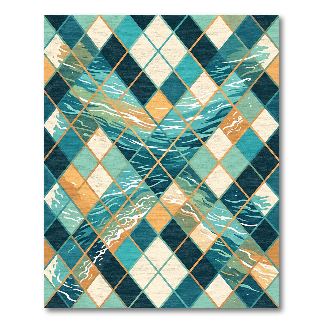 Teal and Gold Geometric Argyle Wave Rug