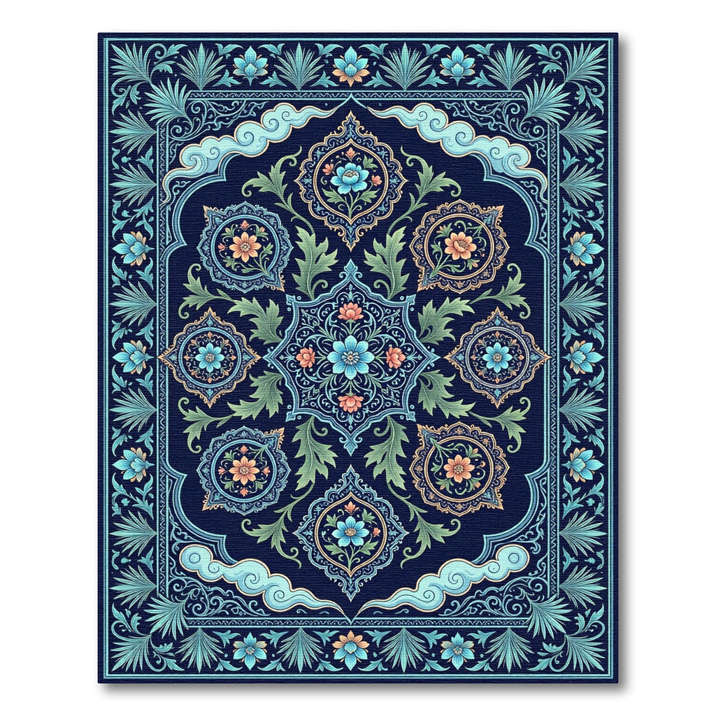 Dark Blue Floral Medallion Cloud Rug