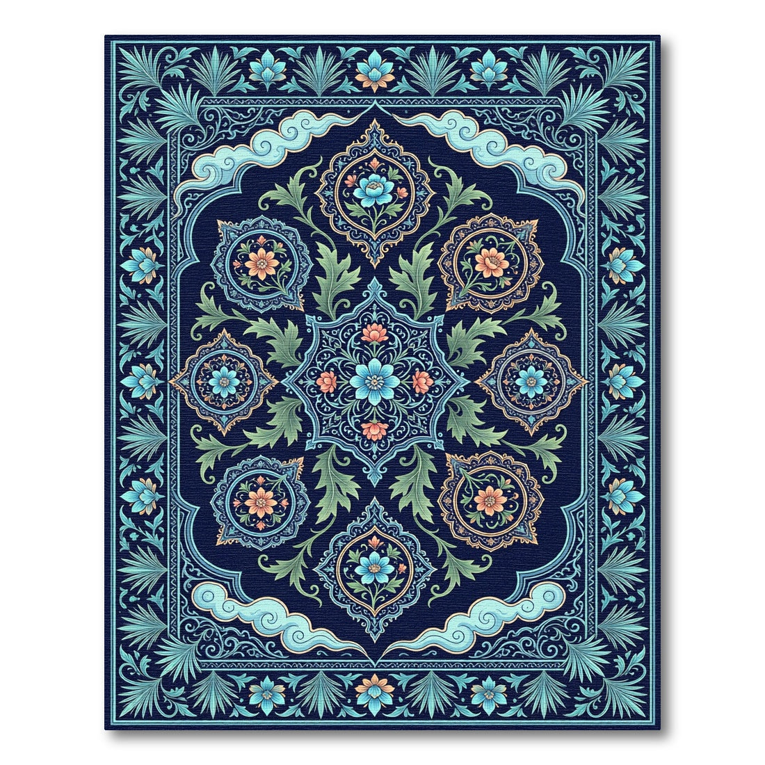 Dark Blue Floral Medallion Cloud Rug