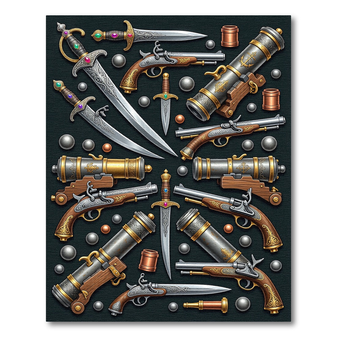 Ornate Antique Pirate Weaponry Medallion Rug