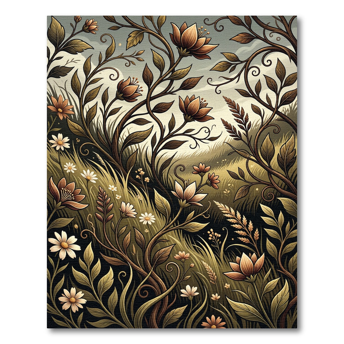 Earthy Brown Floral Vines Meadow Rug