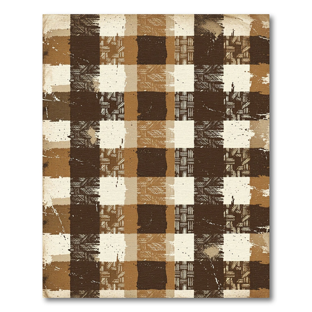 Rustic Brown Distressed Gingham Check Rug