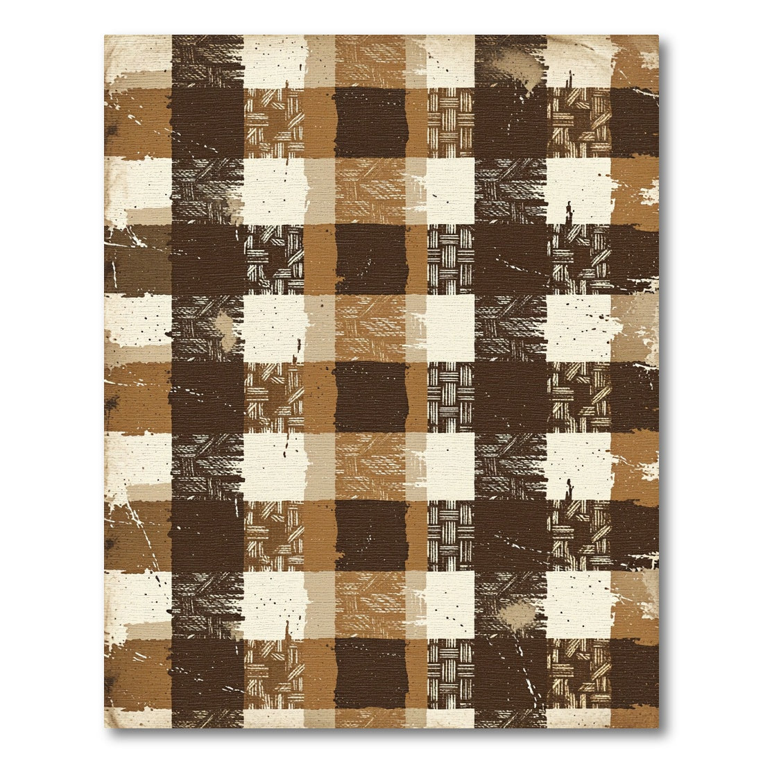 Rustic Brown Distressed Gingham Check Rug
